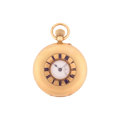 329 - An 18ct gold half-hunter pocket watch, the engine turned cover with applied blue enamelled Roman num... 