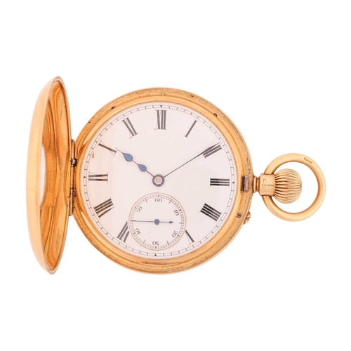 329 - An 18ct gold half-hunter pocket watch, the engine turned cover with applied blue enamelled Roman num... 