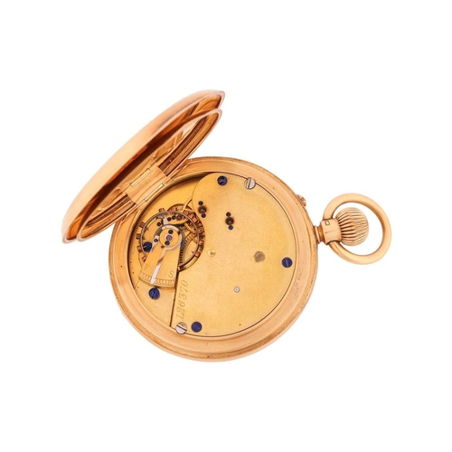 329 - An 18ct gold half-hunter pocket watch, the engine turned cover with applied blue enamelled Roman num... 