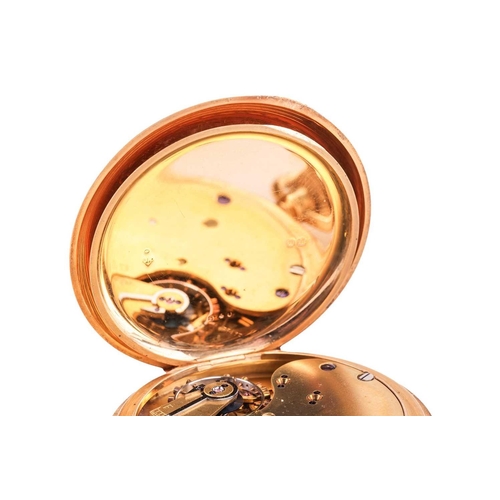 329 - An 18ct gold half-hunter pocket watch, the engine turned cover with applied blue enamelled Roman num... 