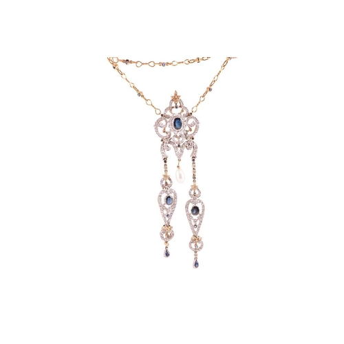 33 - A diamond and sapphire-set négligée necklace, the central pendant featuring an oval dark blue sapphi... 