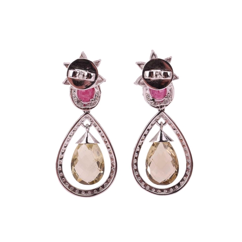 45 - A pair of gem-set drop earrings, each cluster of five marquise-cut diamonds to a central brilliant-c... 