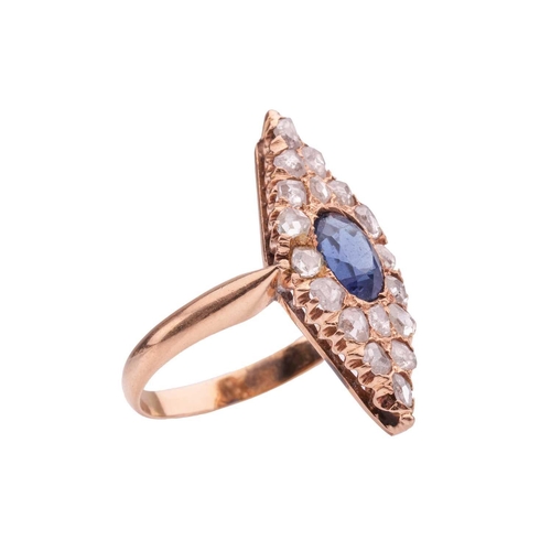 49 - A diamond and paste panel ring, the lozenge-shaped ring head centred with an oval-cut blue paste, su... 