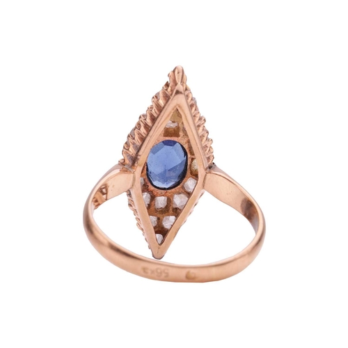 49 - A diamond and paste panel ring, the lozenge-shaped ring head centred with an oval-cut blue paste, su... 