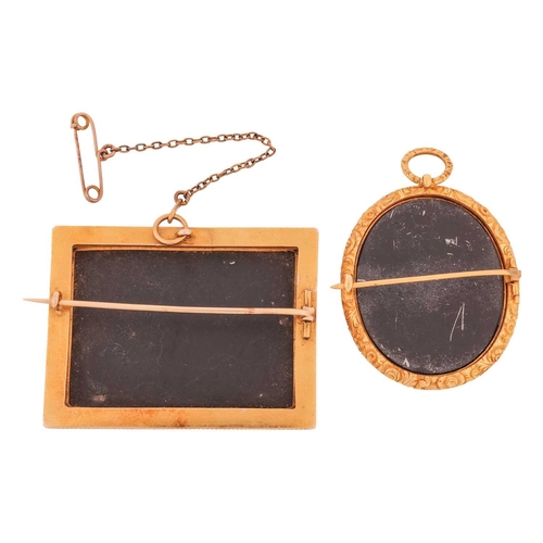 65 - Two pietra dura brooches, one with rectangular plaque with vari-gems depicting a bird, within a cane... 