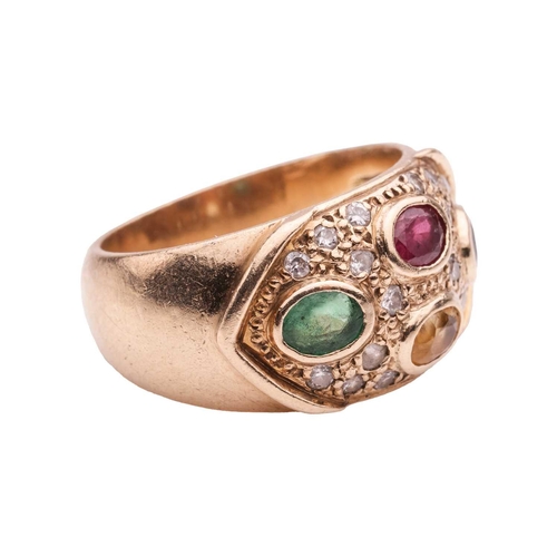 66 - A gem-set dress ring, featuring an oval-cut emerald, a sapphire, a ruby and a citrine in collets, se... 