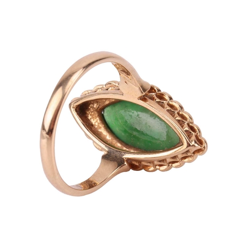 70 - An Edwardian jade and seed pearl cluster ring in 18ct gold, collet-set with a navette-shaped jadeite... 