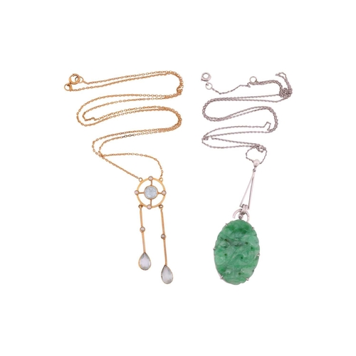 73 - Two early 20th-century gem-set necklaces; the first is a jade lavallière, the oval carved jadeite pa... 