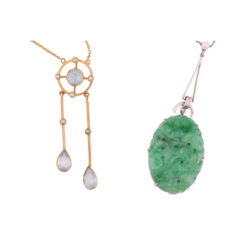 73 - Two early 20th-century gem-set necklaces; the first is a jade lavallière, the oval carved jadeite pa... 