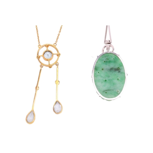 73 - Two early 20th-century gem-set necklaces; the first is a jade lavallière, the oval carved jadeite pa... 