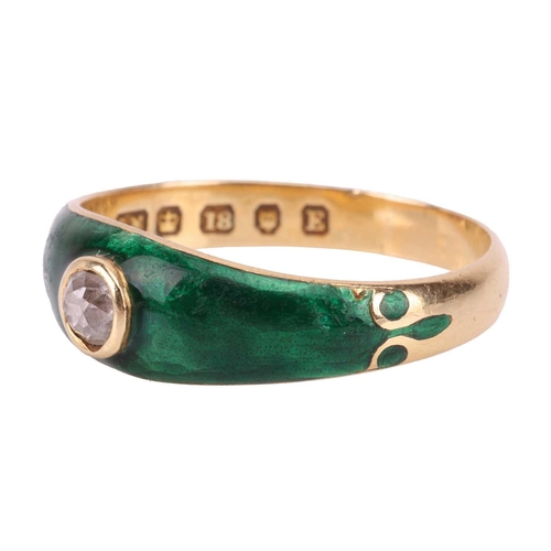 76 - A Victorian diamond-set enamel dress ring in 18ct gold, collet-set with an old-cut diamond with an e... 