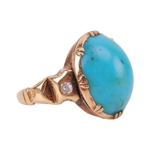 89 - A turquoise and diamond dress ring, comprising an oval turquoise cabochon of 14.0 x 10.9 x 5.2 mm in... 