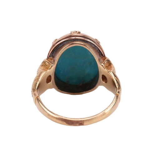 89 - A turquoise and diamond dress ring, comprising an oval turquoise cabochon of 14.0 x 10.9 x 5.2 mm in... 