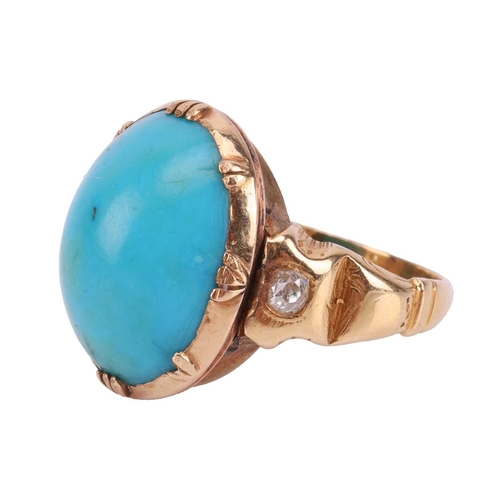 89 - A turquoise and diamond dress ring, comprising an oval turquoise cabochon of 14.0 x 10.9 x 5.2 mm in... 