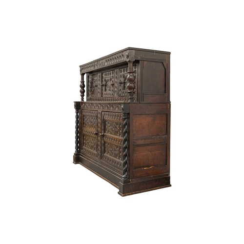 120 - A Large 17th century and later oak Court Cupboard, dated 1665, with guilloche and lozenge carving, t... 