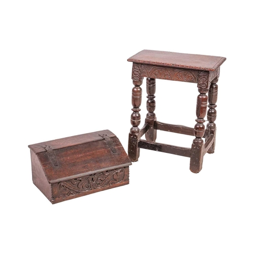 105 - A Charles I oak joint stool with a single piece top the frieze carved with lunettes and with turned ... 