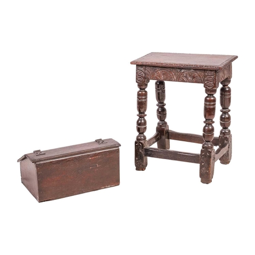 105 - A Charles I oak joint stool with a single piece top the frieze carved with lunettes and with turned ... 