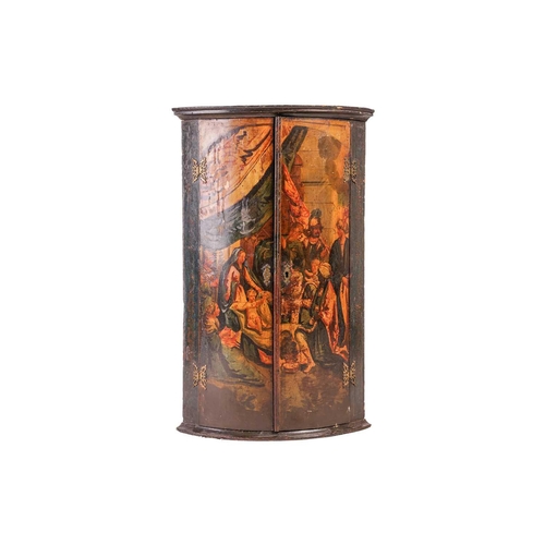 111 - A 19th century painted wood hanging corner cupboard, the twin doors depicting the Wise Men before th... 