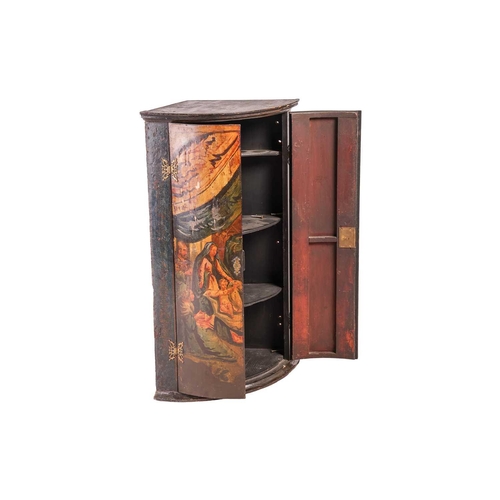 111 - A 19th century painted wood hanging corner cupboard, the twin doors depicting the Wise Men before th... 