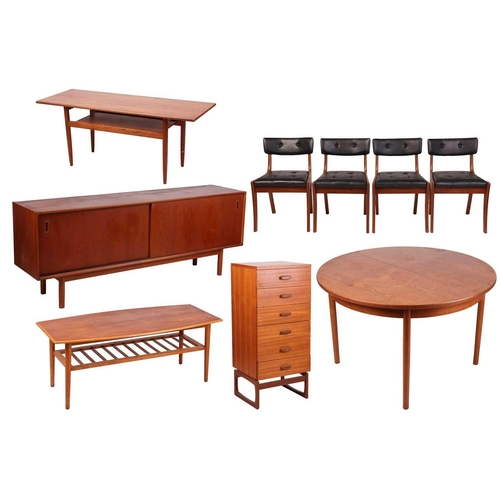 113 - A composite suite of mid-century teak and teak effect furniture, comprising a sideboard, extending d... 