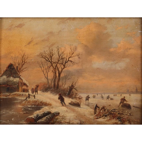 13 - Dutch School (19th century), Skating scene, unsigned, oil on panel, 23.5 cm x 31 cm in a gilt frame,... 