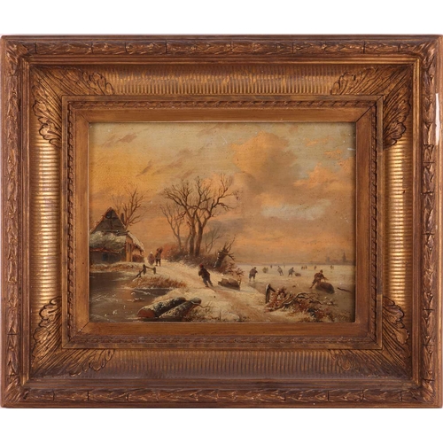 13 - Dutch School (19th century), Skating scene, unsigned, oil on panel, 23.5 cm x 31 cm in a gilt frame,... 