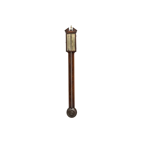 149 - Sollo of Leeds, a George III mahogany stick barometer/ thermometer, with architectural pediment, sil... 