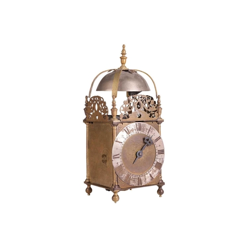 150 - A part late 17th-century brass, 30-hour lantern clock, by an undescribed maker, with urn finial cast... 