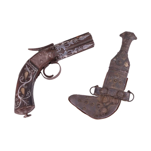 227 - A 19th-century Turkish or Balkan 32 calibre percussion pepperbox boxlock pistol, 22 cm long, with si... 