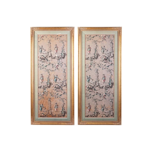 235 - A pair of scarce French 18th-century panels 'Chinoiserie' block printed wallpaper panels in the mann... 