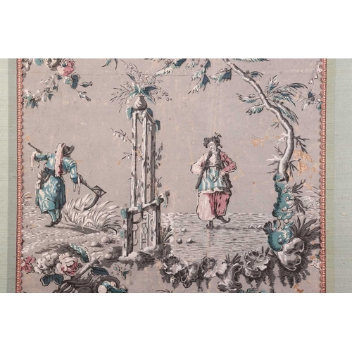 235 - A pair of scarce French 18th-century panels 'Chinoiserie' block printed wallpaper panels in the mann... 