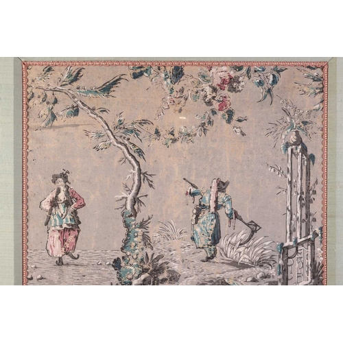 235 - A pair of scarce French 18th-century panels 'Chinoiserie' block printed wallpaper panels in the mann... 