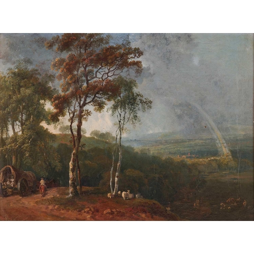 27 - English School (early 19th century), Scene of a valley with sheep and peasants in the foreground, a ... 