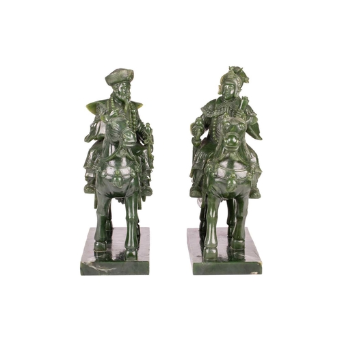 58 - A pair of large and impressive Chinese spinach green jade equestrian carvings, 20th century, one mou... 