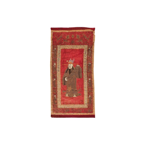 61 - A large Chinese 19th/20th-century red silk embroidered imperial portrait of the Emporer bordered wit... 