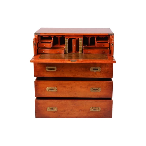 70 - A good quality reproduction yew wood two-section campaign secretaire with folding bale handles and c... 