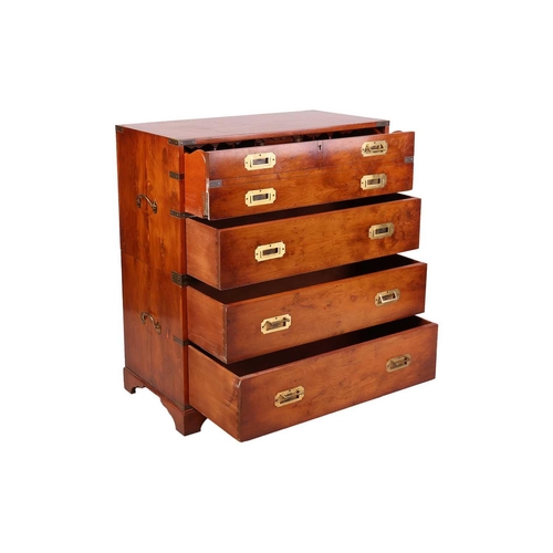 70 - A good quality reproduction yew wood two-section campaign secretaire with folding bale handles and c... 