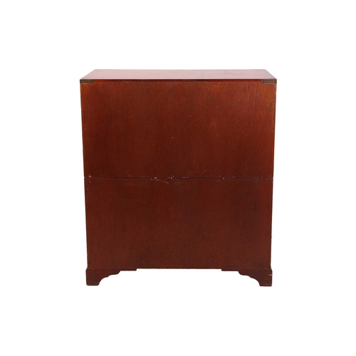 70 - A good quality reproduction yew wood two-section campaign secretaire with folding bale handles and c... 