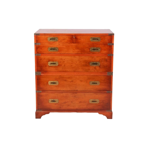 70 - A good quality reproduction yew wood two-section campaign secretaire with folding bale handles and c... 