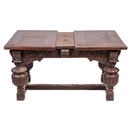 77 - A part Elizabeth I oak rectangular draw leaf table, with adzed and clamped plank top and leaves abov... 