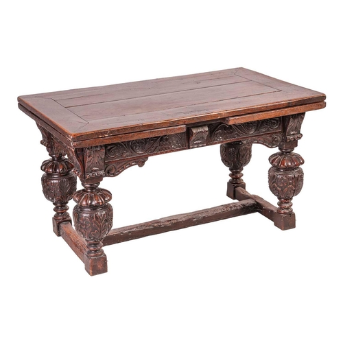 77 - A part Elizabeth I oak rectangular draw leaf table, with adzed and clamped plank top and leaves abov... 