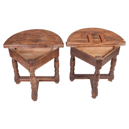 80 - A pair of 16th-century style oak credence tables with crescent tops, constructed from period timber ... 