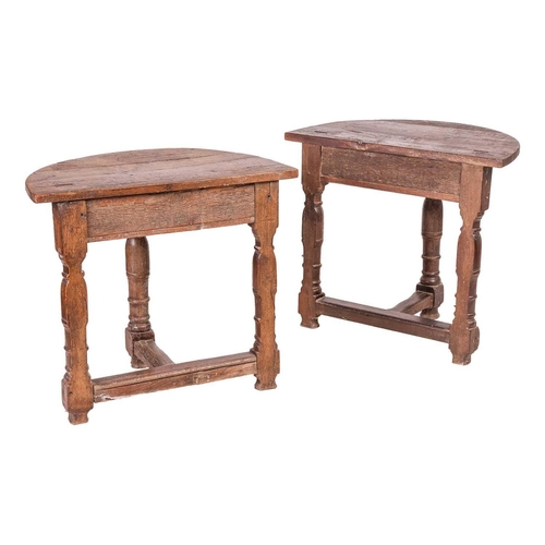 80 - A pair of 16th-century style oak credence tables with crescent tops, constructed from period timber ... 