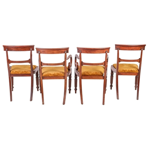 86 - Set of eight Regency mahogany dining chairs, with curved cresting rail, drop in seats, on reeded fro... 