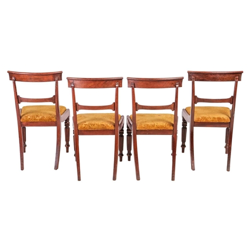 86 - Set of eight Regency mahogany dining chairs, with curved cresting rail, drop in seats, on reeded fro... 