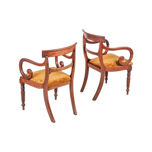 86 - Set of eight Regency mahogany dining chairs, with curved cresting rail, drop in seats, on reeded fro... 