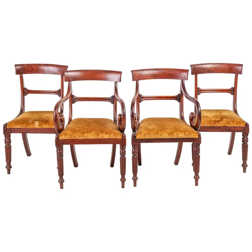 86 - Set of eight Regency mahogany dining chairs, with curved cresting rail, drop in seats, on reeded fro... 