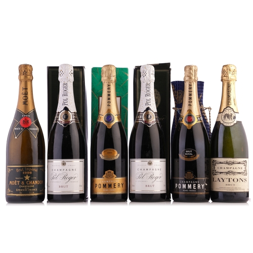 261 - Six bottles of Champagne, comprising 2x Pol Roger, boxed, a Pommery serie Limitee Prisunic, a boxed ... 