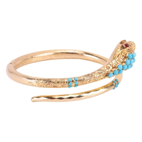 19 - A turquoise-set serpent crossover bracelet, comprising a hinged faceted body, tapering to the head e... 