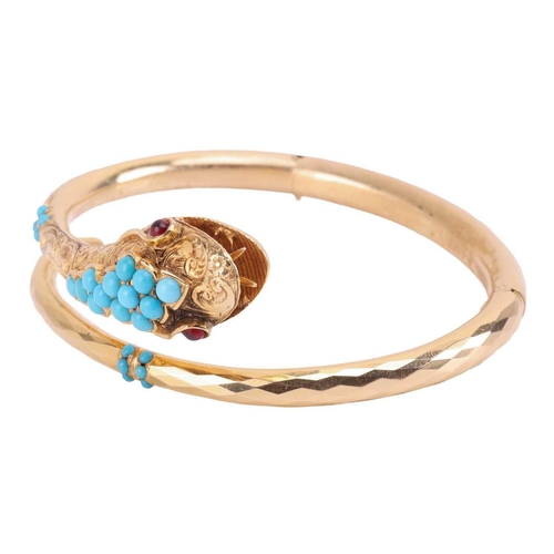 19 - A turquoise-set serpent crossover bracelet, comprising a hinged faceted body, tapering to the head e... 